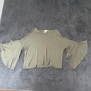Gaze USA Womens Size S Bohemian Tiered Ruffle Sleeve Green Boat Neck Crop Top